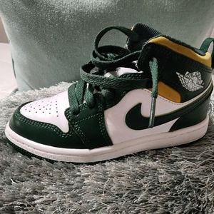 Kids Air Jordan 1 Mid in Green and Yellow